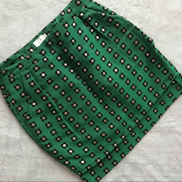 Anthropologie HD in Paris Garden Glimmer Green Floral Mod Retro Print Skirt Sz 6